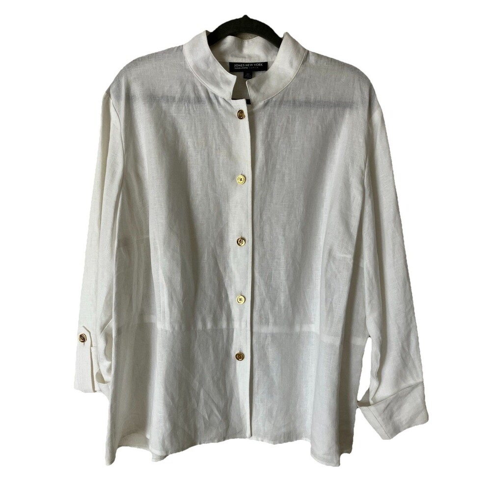 Jones New York Linen Blouse Size 2X White Gold Button Up Long Sleeved Roll Tab